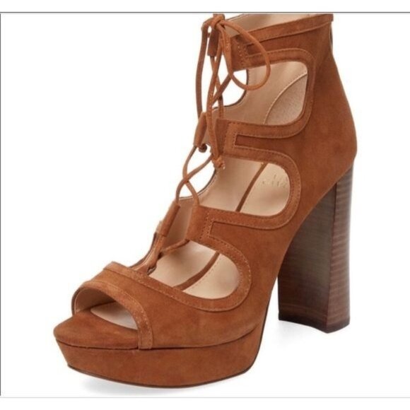 Vince Camuto Kamaye Ghillie Platform Sandal Tan Suede Lace-UP Chunky Heels 9 - Picture 1 of 12
